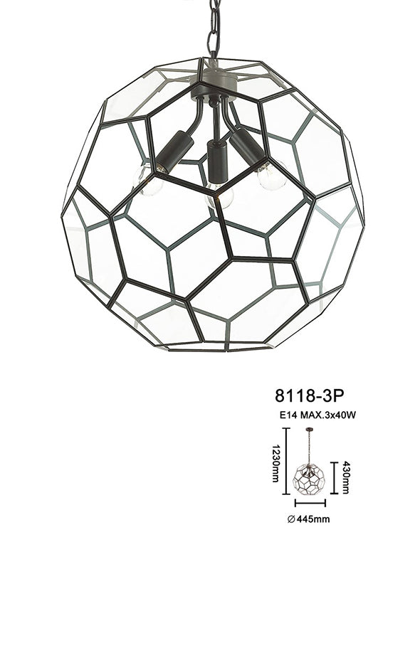 3 Light Black/Clear Panelled Glass Sphere Pendant