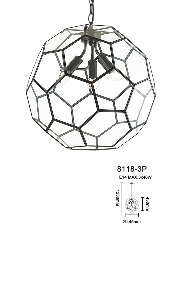 3 Light Black/Clear Panelled Glass Sphere Pendant  I84