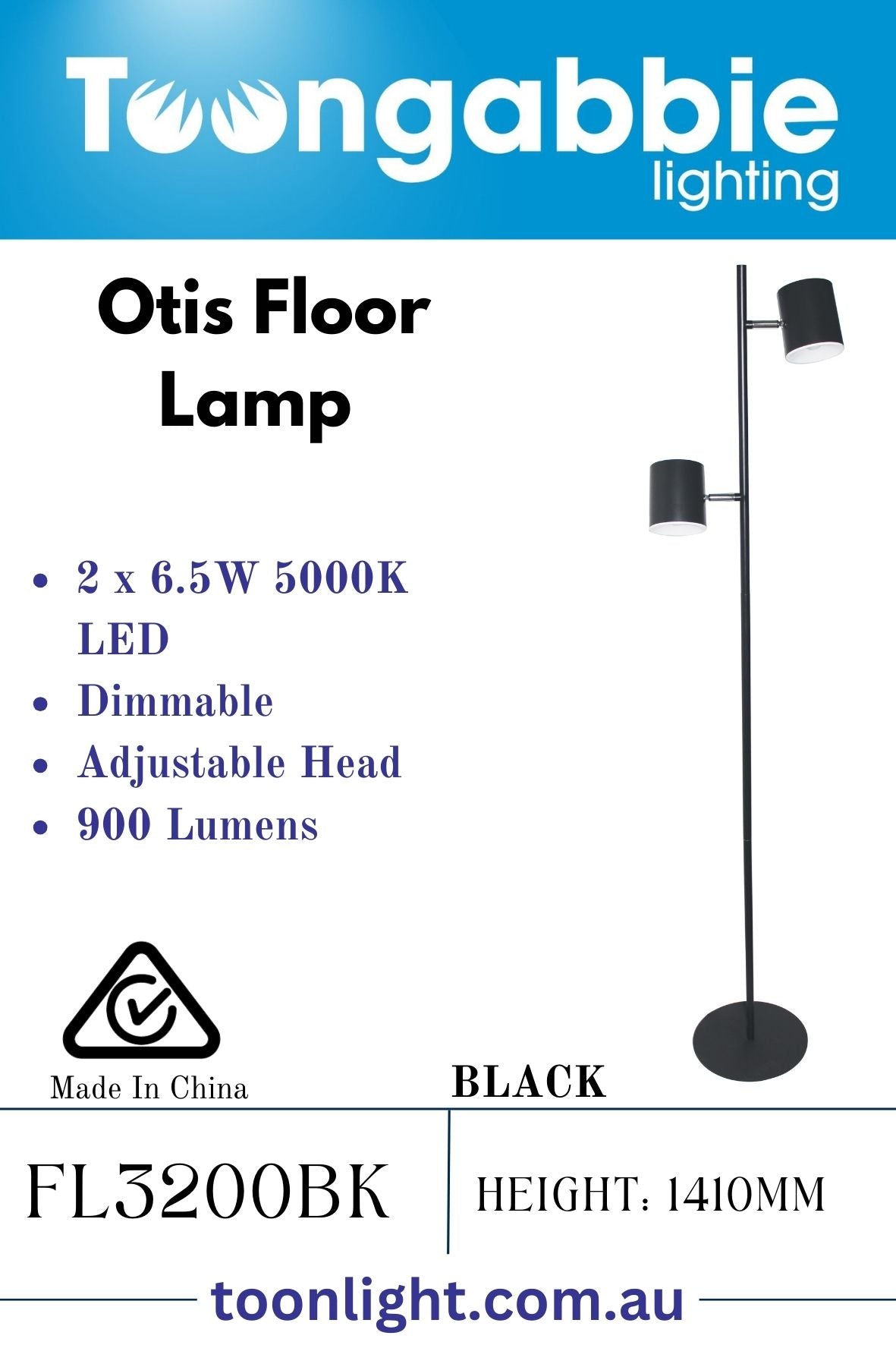 OTIS LED 2 LIGHT FLOOR LAMP (2x 6.5W LED 6500K)