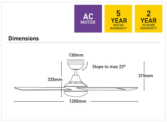 Lonsdale 48' (1200mm) White Ceiling Fan - No Light