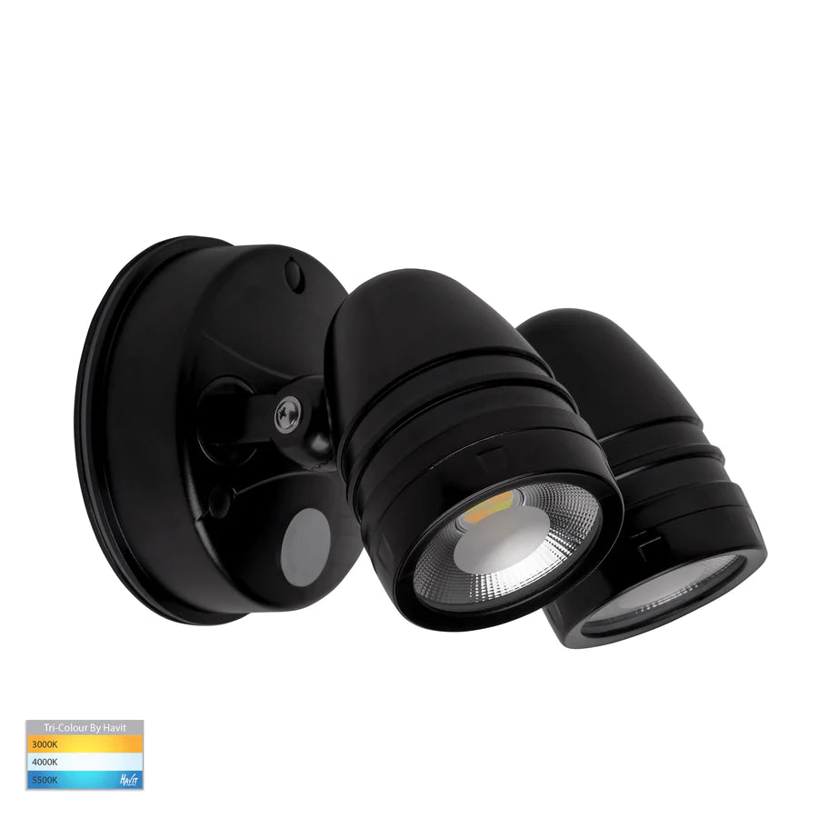 Focus Black Double Adjustable Microwave Sensor Spot Light Built In 15w Tri Colour 240v