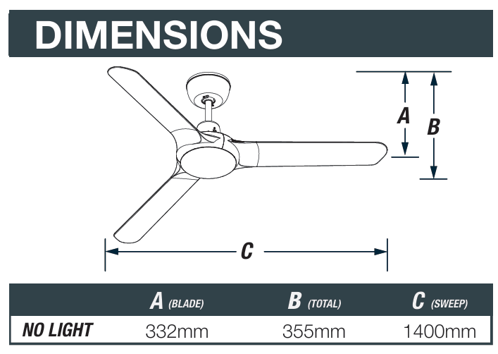 Spyda - 56' Black Fan Only 3 Blade - Indoor/Outdoor/Coastal