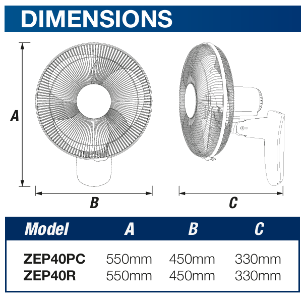 Zephyr II 40cm Wall Fan White 3 Speed w/ Remote