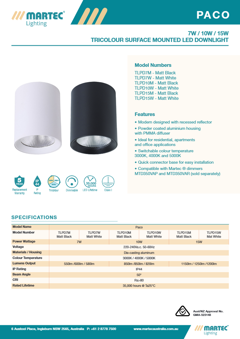 PACO 10W 100MM SURFACE MOUNTED DOWNLIGHT TRI-COLOUR BLACK