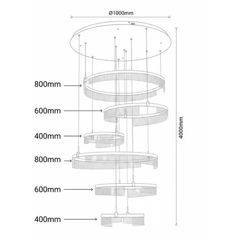 LANDO 6 RING - BLACK Tri-Colour 180w 8000lm Ring Diameter 2 x 80cm, 2 x 60cm, 2 x 40cm Base 100cm (D) Suspension	3500mm Cable - Adjustable
