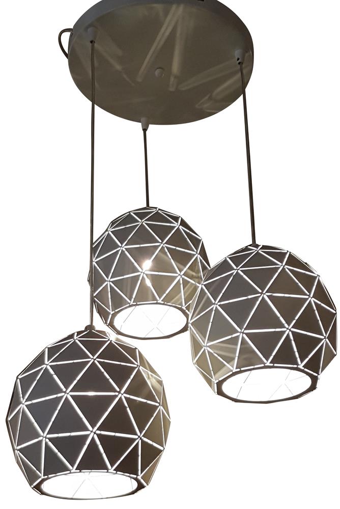 White Metal/Timber 3 Light Pendant w Round Plate - C19